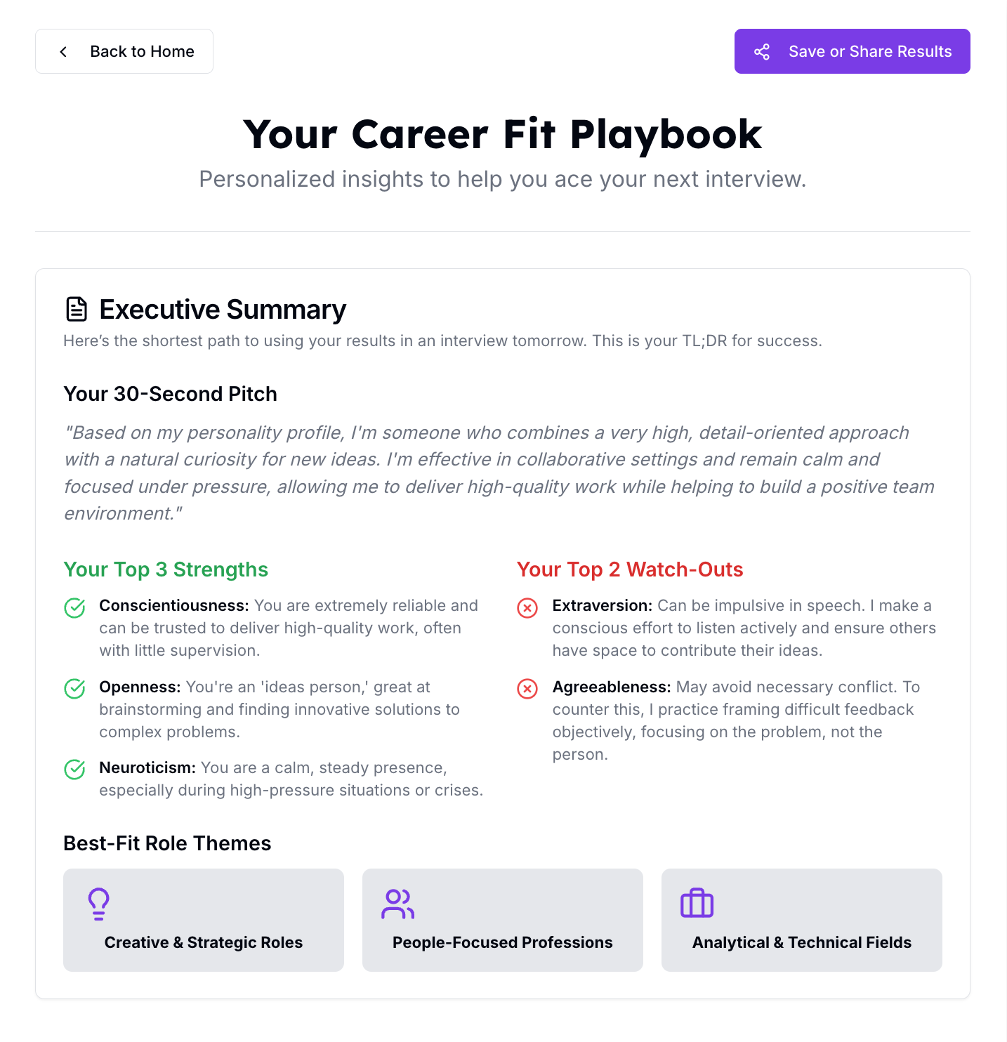A sample page from the Career Fit Playbook showing a personality deep dive and strengths analysis.