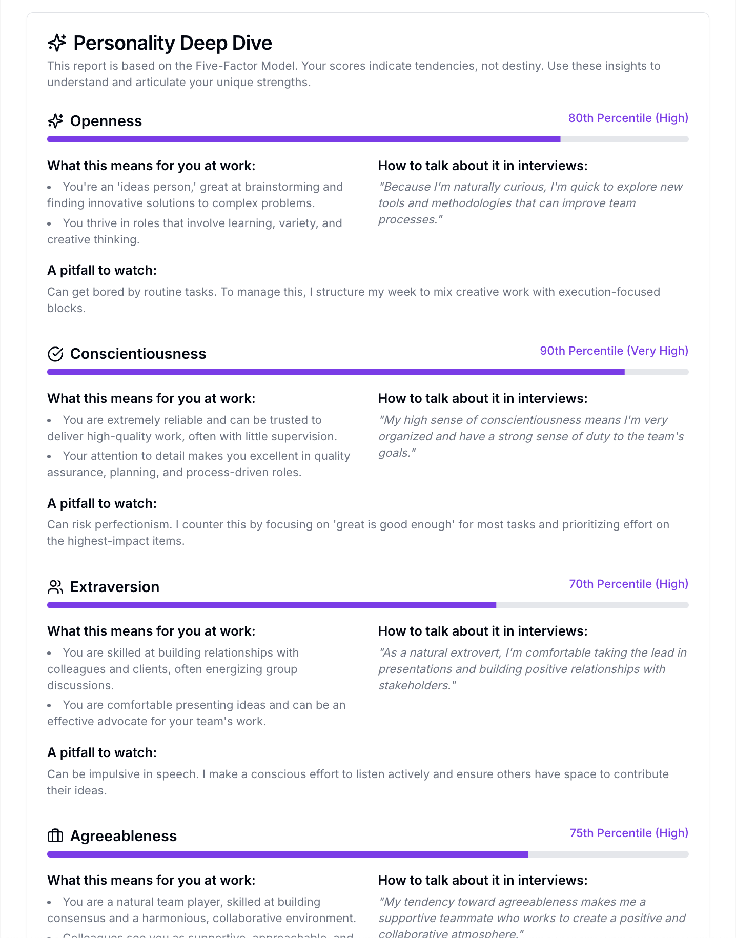 A sample page from the Career Fit Playbook showing tailored STAR method interview answers.